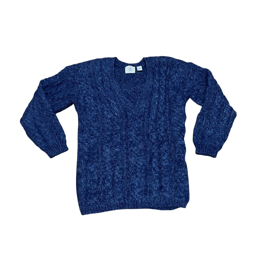 VTG Cape Isle Knitters Womens M Navy Blue Mohair Blend Cable Knit V-Neck Sweater